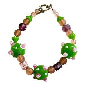 VTG Lampwork Bracelet chunky Polka Dot Art Glass Pink Green Beaded 3-D beads 9"L
